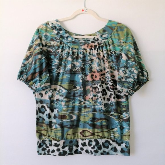 Weavers Womens Multicolor Puff Sleeve Round Neck Animal Print Blouse Top Size L - Picture 1 of 6